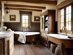 french country bathroom with a clawfoot tub and rustic wood vanities. 