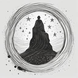 drawing of God surrounded by stars and light  minimal rough sketch scribbles,doodles,black and white