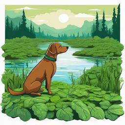 a brown dog on a mossy rock watching over a swamp full of water spinach  , vector illustration, clipart