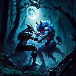 cursed lycanthrope wrestling with inner and outer demons in a moonlit forest. 