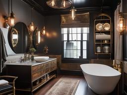 A master bathroom with steampunk interior design incorporates vintage fixtures, industrial details, and rich textures that transform the space into a chic and relaxing retreat.  