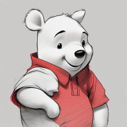 drawing of Winnie the Pooh with his red shirt  minimal rough sketch scribbles,doodles,black and white