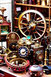 steampunk workshop filled with intricate clockwork creations and brass gadgets. 