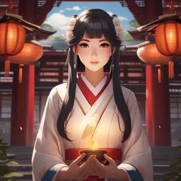 Charming shrine maiden, in a serene temple, performing sacred rituals to protect her village.  front facing ,centered portrait shot, cute anime color style, pfp, full face visible