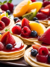 platter of bite-sized fruit-filled crepes, with a variety of fruit compotes and whipped cream. 