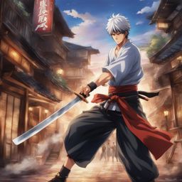 gintoki sakata,dueling an opponent with his trusty wooden sword,a chaotic urban alley anime, anime key visual, japanese manga, pixiv, zerochan, anime art, fantia