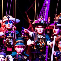 clockwork puppeteer with an array of marionettes, controlling them with intricate strings. 