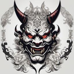 Hannya Oni Mask Tattoo - Blends the Hannya and Oni masks, creating a powerful and symbolic tattoo design.  simple color tattoo,white background,minimal