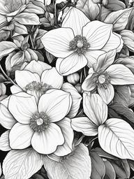 Hellebore coloring page sheet - Hellebores blooming in a shady garden nook.  black outline printable coloring page