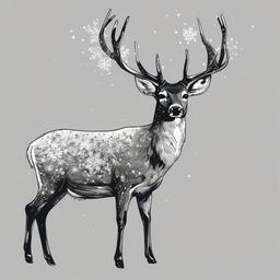 drawing of a deer with snowflakes  minimal rough sketch scribbles,doodles,black and white