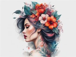 Flower woman tattoo, Artistic tattoos that showcase women alongside floral elements.  vivid colors, white background, tattoo design