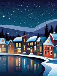 Winter Night Scenery clipart - Scenic night view of a snowy town, ,vector color clipart,minimal