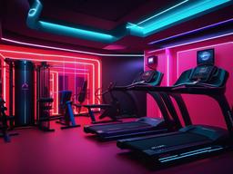 In the gym room, cyberpunk interior design includes state-of-the-art equipment, neon accents, and an energizing color scheme that enhances motivation during workouts.  