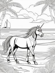 Unicorn on a Beach Coloring Pages - Beach Scene with a Magical Unicorn  minimal black outline printable sheet, coloring page