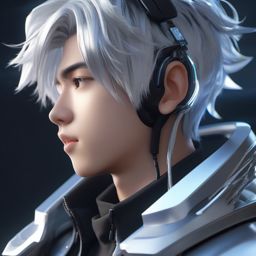 Boy with silver futuristic hair in a virtual reality realm.  close shot of face, face front facing, profile picture, anime style