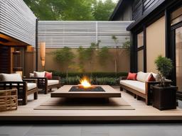 Asian Fusion patio blends practical design with decorative elements inspired by various Asian cultures, creating a tranquil and organized outdoor space.  