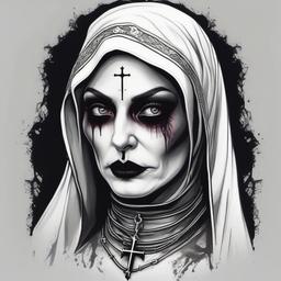 evil nun realism dark goth sexy  ,tattoo design, white background