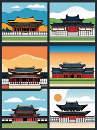 Seoul clipart - Gyeongbokgung Palace and Seoul skyline,  color clipart, vector art