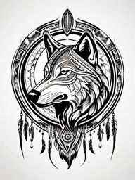 Wolf Native Tattoo,tattoo inspired by indigenous cultures, uniting the wolf and the wisdom of ancient traditions. , tattoo design, white clean background