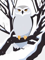 Snowy Owl on Snow-Covered Branch Emoji Sticker - Arctic sentinel amid winter's hush, , sticker vector art, minimalist design