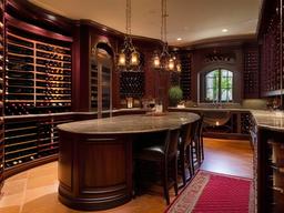 In the wine cellar, Italian Renaissance interior design features ornate racks, rich colors, and elegant decor that create a sophisticated space for wine enthusiasts to enjoy.  