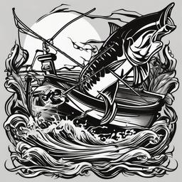 Bowfishing Tattoos-Bold and dynamic tattoos featuring bowfishing scenes, capturing the excitement and skill of this unique form of fishing.  simple color vector tattoo