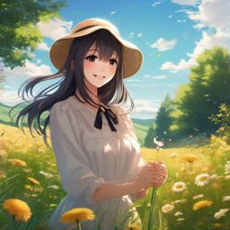 anime girl cheery in a meadow