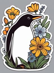 Penguin Gardener Sticker - A penguin tending to a garden, surrounded by flowers. ,vector color sticker art,minimal