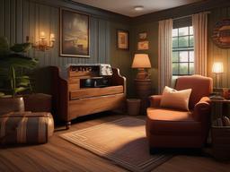 Cottage gamer room features cozy furnishings, vintage decor, and warm colors that create a charming and inviting environment for gaming.  