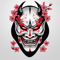 Hannya Mask with Cherry Blossoms - Dramatic, theater symbolism, beauty.  simple color tattoo,white background,minimal