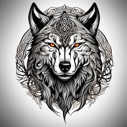 Viking Wolf Tattoo,wolf with a Viking twist, warrior spirit united with the untamed soul of the wolf. , color tattoo design, white clean background