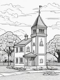 House Coloring Pages - Schoolhouse with a bell tower and playground  simple coloring pages