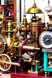 steampunk workshop with intricate mechanical sculptures and brass contraptions. 