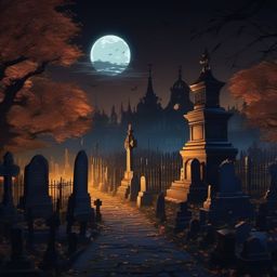 Eerie Midnight Cemetery in an Anime Setting Halloween Anime Backgrounds intricate details, patterns, wallpaper photo