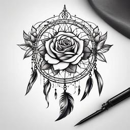 Dream Catcher and Rose Tattoo - Tattoo combining a dream catcher with rose motifs.  simple vector tattoo,minimalist,white background