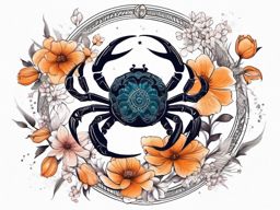 Cancer zodiac with floral elements ink. Blooms of sensitivity.  color tattoo design, white background