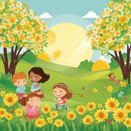 May clipart - sunny day with children playing outside in May  