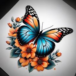 3d butterfly tattoo with flowers  simple color tattoo, minimal, white background