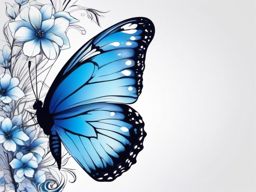 Blue butterfly with delicate floral details ink. Enchanting blooms in art.  color tattoo, white background