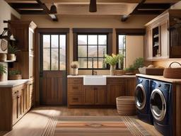 Southwestern laundry room combines earthy colors, rustic wood accents, and decorative elements for a warm and inviting atmosphere.  