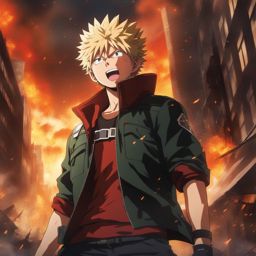 bakugou katsuki blasts through a crumbling cityscape, quirk ablaze. 