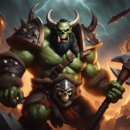 grommash skullcrusher, an orc barbarian, is battling a colossal creature in a thunderstorm. 