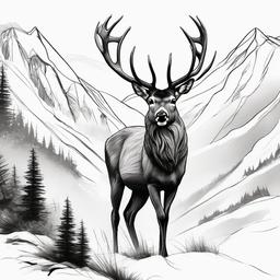 drawing of a deer in the mountains  minimal rough sketch scribbles,doodles,black and white