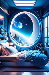 space explorer's bedroom with celestial decor and a spaceship bed. 