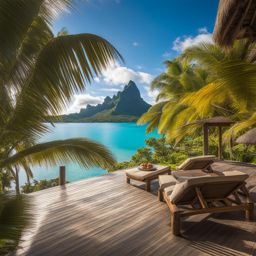 polynesian thatched huts, with ocean views, provide tranquil escapes in bora bora, french polynesia. 