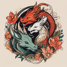 dragon and rabbit tattoo  minimalist color tattoo, vector