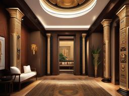 In the entryway, Egyptian Revival interior design showcases tall columns, decorative wall art, and rich tapestries that create an impressive first impression reminiscent of ancient temples.  