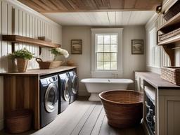 In the laundry room, American Colonial interior design includes rustic cabinetry, open shelving, and charming decor that makes chores feel more organized and appealing.  