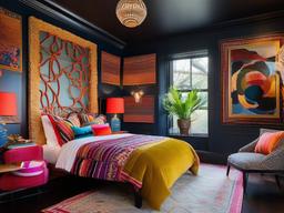 In the guest bedroom, maximalist interior design offers a cozy atmosphere with an explosion of patterns, colorful accents, and unique furnishings that ensure a memorable stay for visitors.  