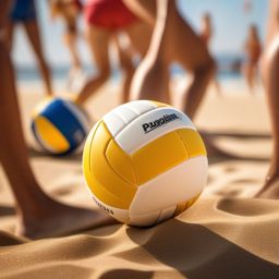 Beach volleyball and sun-kissed skin close shot perspective view, photo realistic background, hyper detail, high resolution